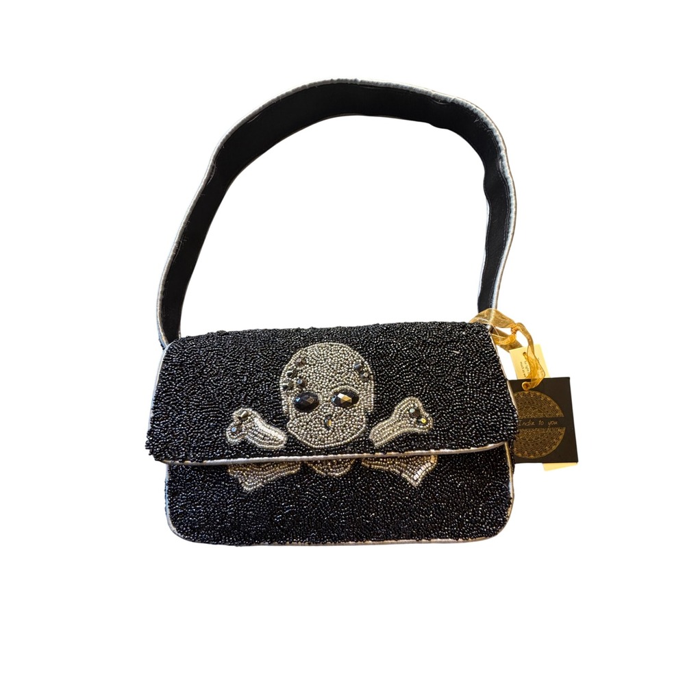 India to You Beaded Skull Crossbones Shoulder Bag Black Silver Gothic NWT